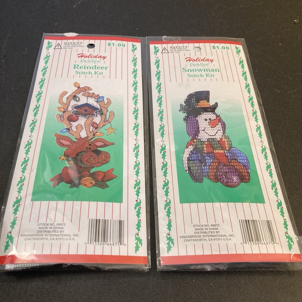 Christmas Holiday Reindeer Snowman 2 Complete Cross Stitch Kits NEW Winter Rare